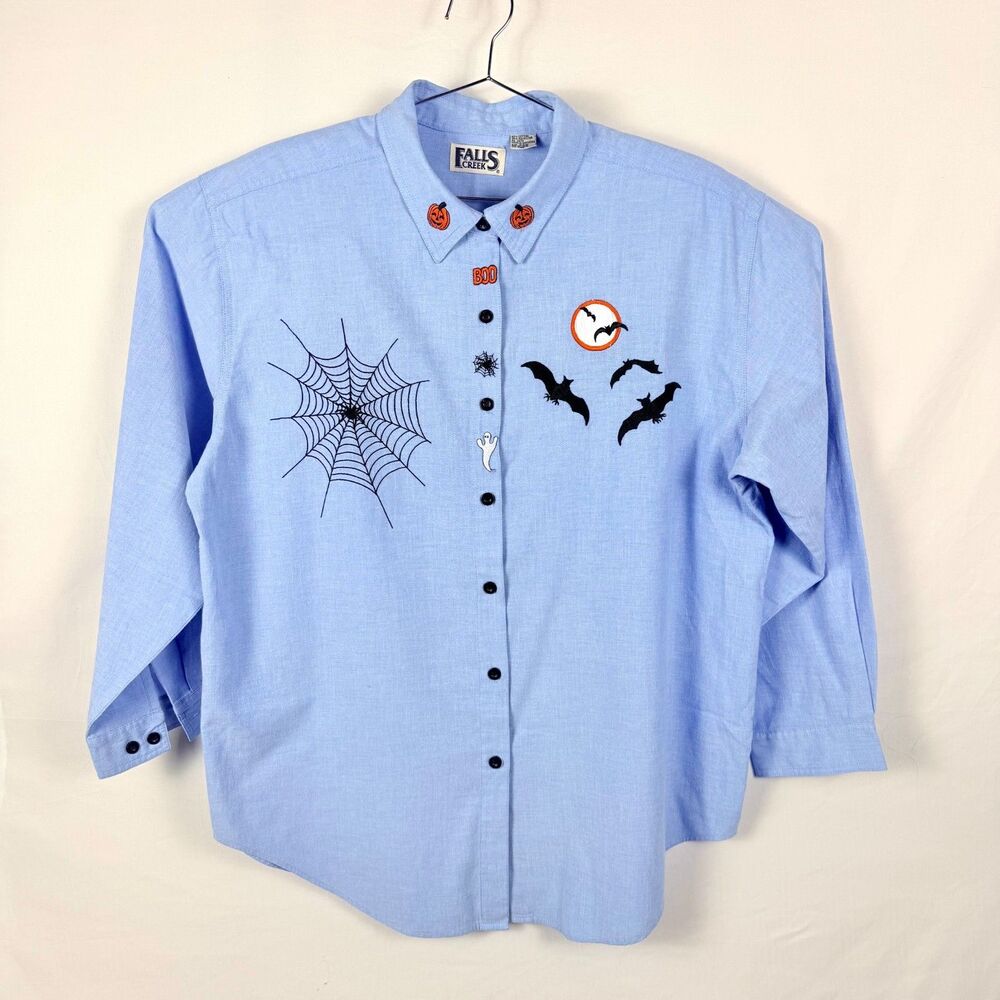 90's Denim Embroidered Halloween Bats Spider Web Women's 22 Teacher